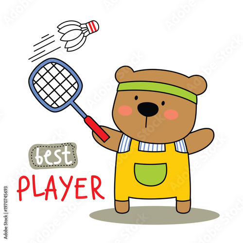A cute brown bear playing badminton with a racket and shuttlecock, illustrating the concept of a best player in sports.