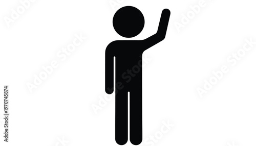 Simple black vector graphic illustration of a person icon raising their hand to greet or signal.