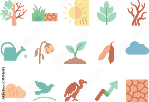 Vector illustration of environmental icons depicting drought, desertification, and climate change impacts.
