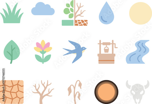 Vector illustration of water scarcity and environmental degradation icons in a flat design style.