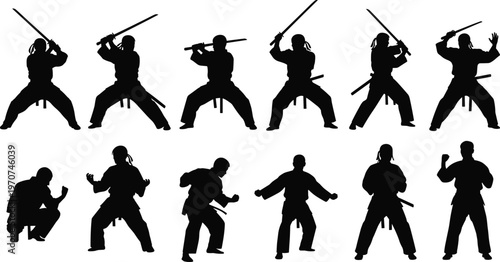 Silhouettes of martial arts fighters practicing kendo sword techniques, dynamic poses, combat training, samurai warriors, Japanese swordsmanship, martial arts vector illustration