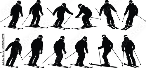 Skiing silhouette set, black vector icons, dynamic skier poses with gear, isolated clipart for winter sport, motion, technique, training, design