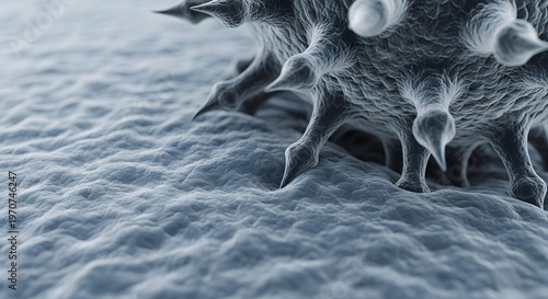 Microscopic View of a Virus Particle on a Cellular Surface.