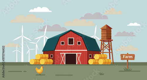 Vector illustration of red barn, wind turbines, water tower, chicken, hay bales in peaceful rural farmland