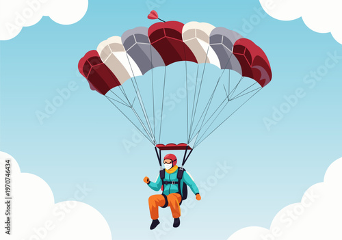Exciting Parachuting Adventure Vector Illustration with Clouds and Blue Sky for Thrill Seekers