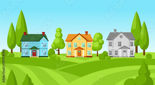 Vector illustration of three suburban houses on rolling green hills with trees and blue sky, perfect for real estate or neighborhood themes