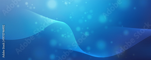 Abstract Blue Technology Background with Dynamic Wavy Lines and Soft Bokeh Light Particles. Vector illustration