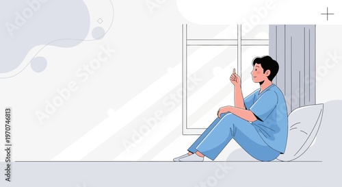 Doctor sitting by window, looking thoughtful, holding phone, medical scrubs