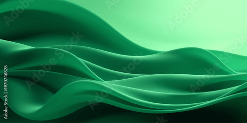 Abstract green smoke and flowing waves of light create a smooth silk texture with blue curves and a soft satin motion on a black backdrop design