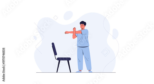 Man stretching arms in light blue outfit with chair and abstract shapes