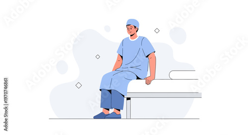 Doctor in scrubs and cap sitting on a medical bench, waiting room illustration
