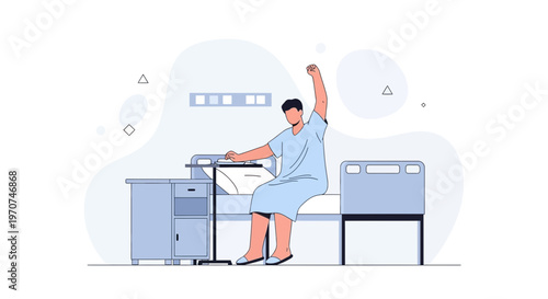 Patient recovering in hospital bed, stretching arm, feeling better, illustration