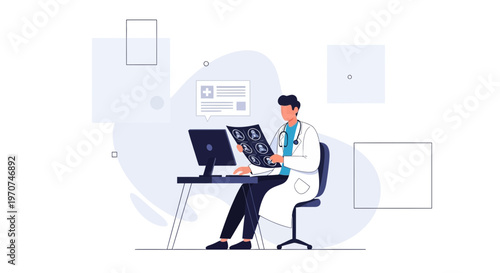 Doctor examining medical scan on computer in modern clinic office