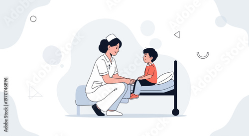 Nurse caring for a child patient in a hospital bed, illustration