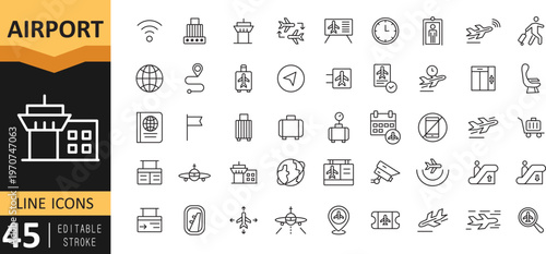 Airport Outline Icon Set – Air Travel, Aviation and Terminal Editable Stroke Vector Illustration