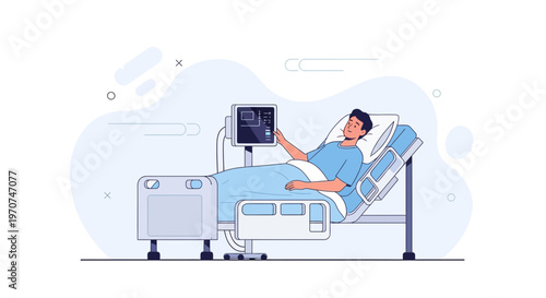 Patient in hospital bed with medical monitor, illustration