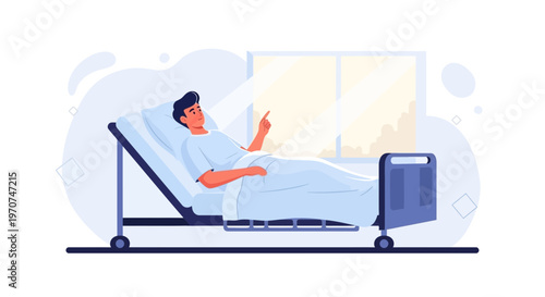 Patient in Hospital Bed Pointing Finger Towards Window with Sunlight