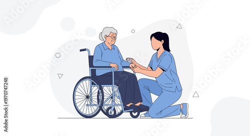 Nurse caring for elderly woman in wheelchair, home healthcare, support, compassion