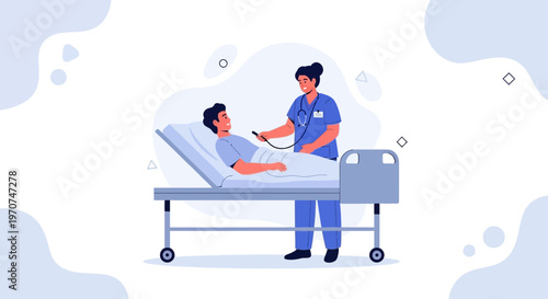 Nurse examining patient in hospital bed with stethoscope, healthcare concept illustration