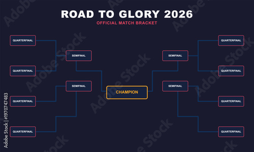 Hand-drawn digital tournament bracket for a 2026 global sports competition with quarterfinal semifinal and champion boxes authentic illustration