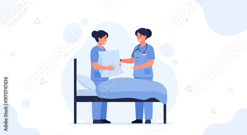 Nurses caring for patient in hospital bed, healthcare assistance, medical support