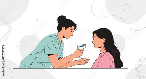 Nurse checking patient's temperature with infrared thermometer, health checkup concept