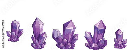 Purple crystal druse and amethyst gemstone cluster vector illustration set isolated on white background for magic fantasy game design