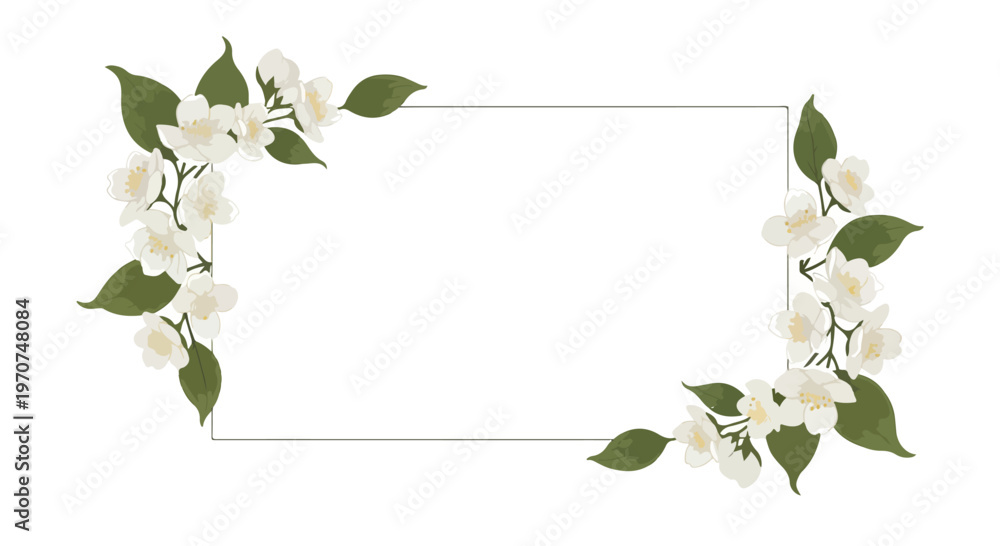 Obraz premium Illustration of a white floral border with green leaves and white flowers around a blank rectangular frame on a white background.