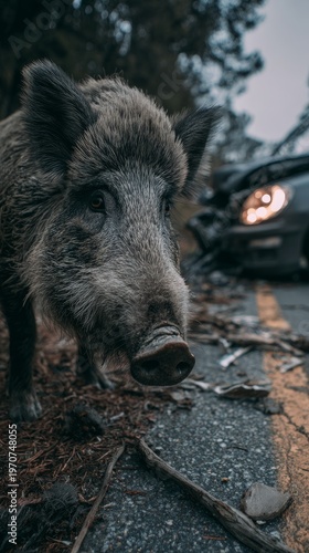 Wild boar close up beside damaged car on road