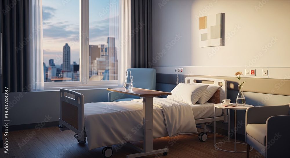 Fototapeta premium Modern hospital room with bed and city view during sunset 