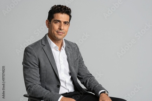 Young businessman sitting on stool in studio isolated on pastel background