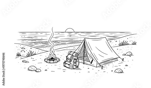 Sea coast camping black and white vector sketch with beach tent campfire and ocean horizon minimalist line art