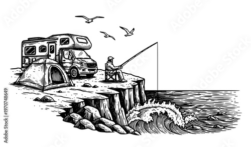 Coastal cliff camping vector sketch with camper van fishing scene ocean waves black white engraving style