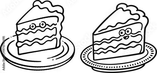 Vector illustration of two cartoon slices of layered cake on plates with black and white
