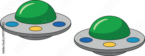 Alien spaceship UFO flying saucer vector illustration set with green glass dome and colorful lights isolated on white background