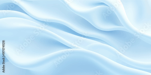 A luxury abstract background features smooth flowing curves of blue silk and satin fabric with a shiny liquid texture and soft golden light ripples