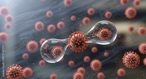 Microscopic View of Cell Division and Viral Particles.