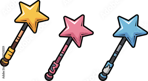 Magic star wand set in yellow pink and blue colors for fairy fantasy theme and wizard costume design vector illustration