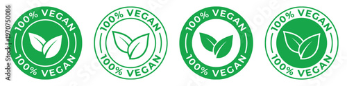 A set of four circular green stamps featuring a leaf icon and the text 100 percent vegan inside isolated on white background, Vector, illustration