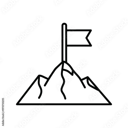 Outline icon of a flag planted on a mountain peak, symbolizing business goals, achievement, success, and overcoming challenges with determination.