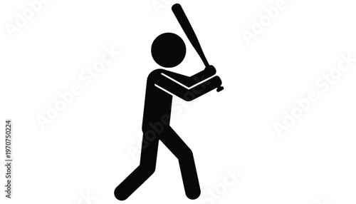 Black vector graphic illustration of a stick figure holding a baseball bat, ready to strike during a game.