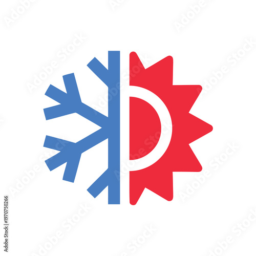 A dual-colored icon showing a blue snowflake on the left and a red sun symbol on the right side. isolated on white background, Vector, illustration