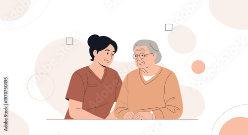 Caring nurse comforting elderly woman, illustration of healthcare and support