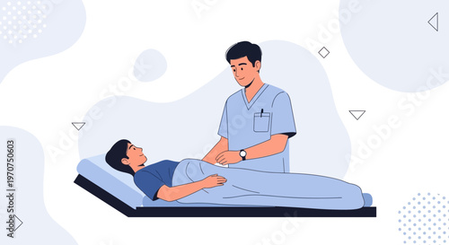 Doctor examines patient lying on medical bed, healthcare concept illustration