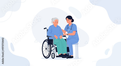 Nurse caring for elderly woman in wheelchair, healthcare, support, medical assistance