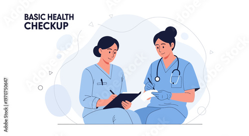 Two nurses in blue scrubs discussing medical records during a health checkup