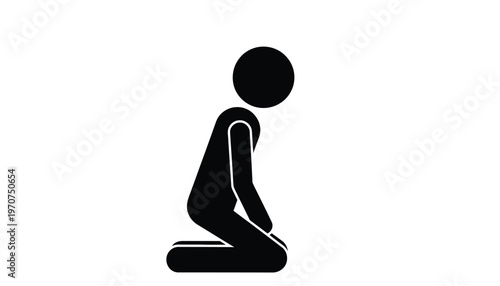Minimalist black stick figure illustration showing a person kneeling respectfully or in contemplation graphic design.
