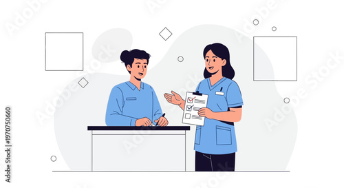 Nurses Discussing Patient Chart at Desk, Medical Consultation, Healthcare Teamwork
