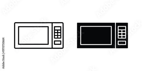 A set of two microwave oven icons displayed in both outline and solid black filled style formats. isolated on white background, Vector, illustration