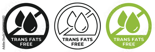 A set of three circular icons indicating that a food product is completely free of trans fats. isolated on white background, Vector, illustration